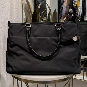 Lo & Sons Brookline Laptop Bag Black with Lavender Interior Nylon Tote